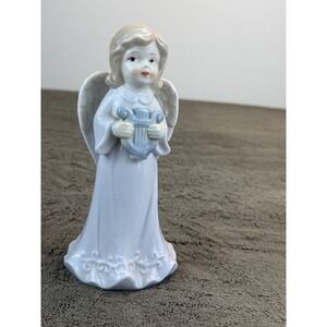 Vintage Schmid Musical Figurine Girl Blue Dress Japan & Porcelain Angel Lyre Set